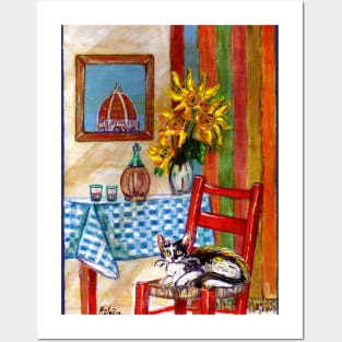 RUSTIC ITALIAN KITCHEN IN FLORENCE Cat,Sunflowers and Wine Posters and Art